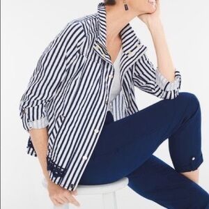 Chico’s Luxe Twill Striped Utility Jacket Zip Front Lace Hem Navy White S 1